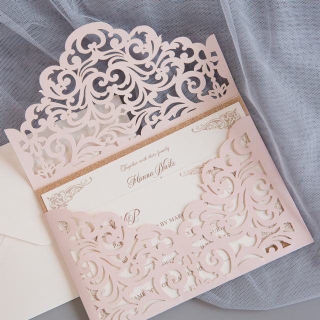 Pale pink wedding invitation with gold glitter handmade in cheshire