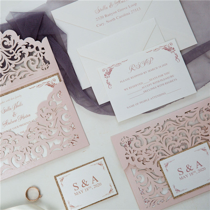 Blush Pink laser cut lace wedding invitation with printed and personalisedrsvp