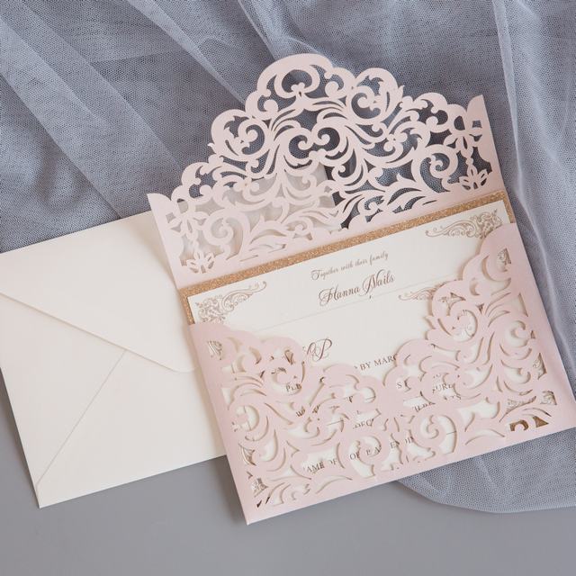 Laser Cut pink lace pocket style wedding invitation with gold glitter and white envelopes