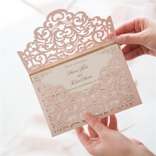 Blush Pink laser cut lace envelopes wedding invitation