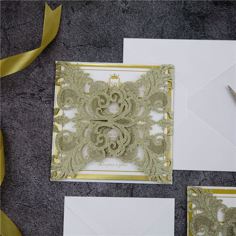 gold glitter laser cut lace wedding invitation