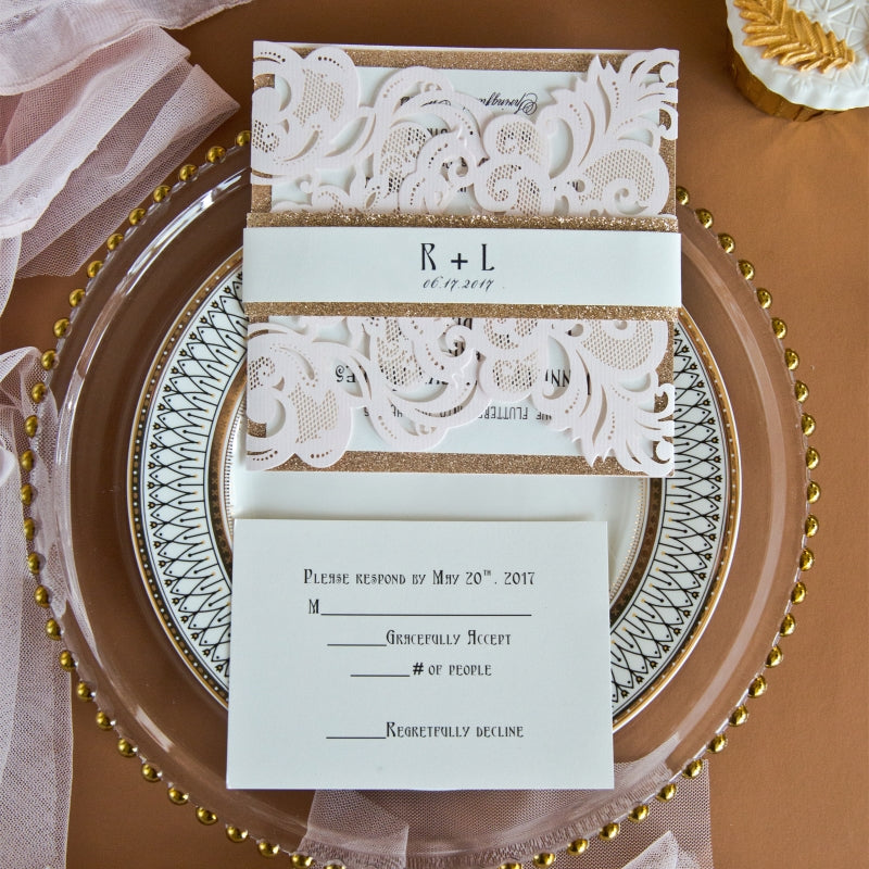 Blush pink laser cut lace gatefold wedding invitation with rose gold glitter