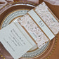 Blush pink laser cut lace wedding invitation with rose gold glitter and separate rsvp