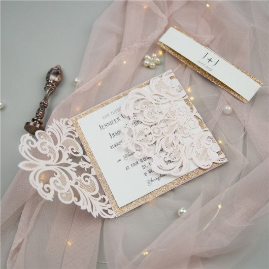 Pale pink and rose gold glitter wedding invitation with belly band