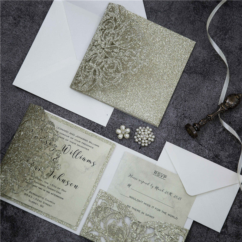 Champagne Gold Laser Cut Glitter Pocket Wedding Invitation