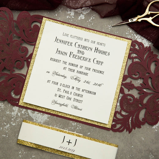 Burgundy & Gold Laser Cut Elegant Wedding Invitation