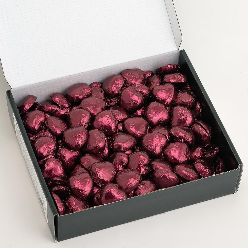 Burgundy foil wrapped heart chocolate with Belgian milk chocolate heart