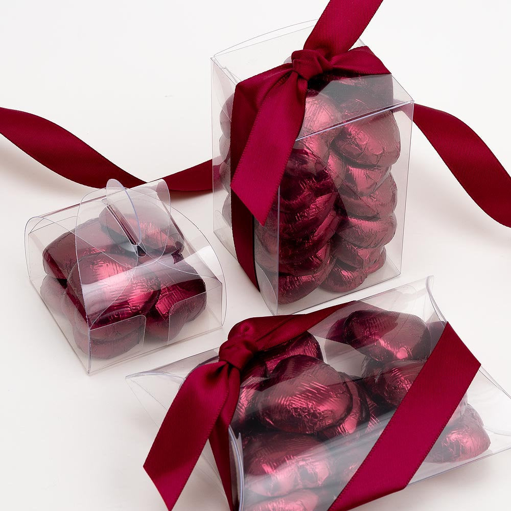 Burgundy chocolate heart wedding favours displayed in a gift box