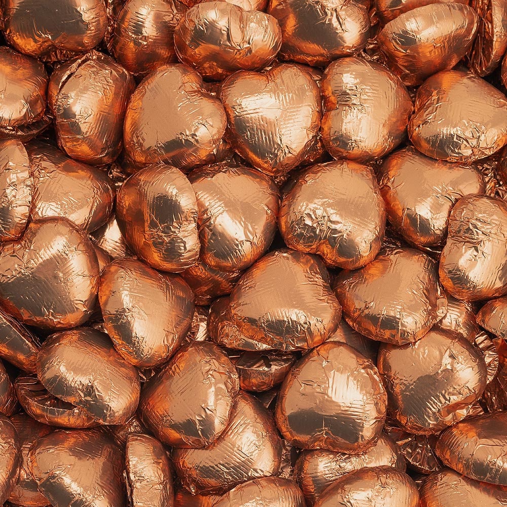 Copper foil wrapped heart chocolate with Belgian milk chocolate heart