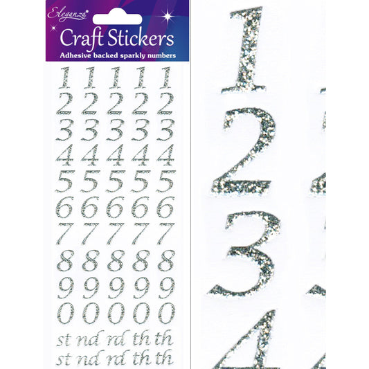 Eleganza Craft Self-Adhesive Stylised Numbers Glitter Stickers - Silver-The Creative Bride