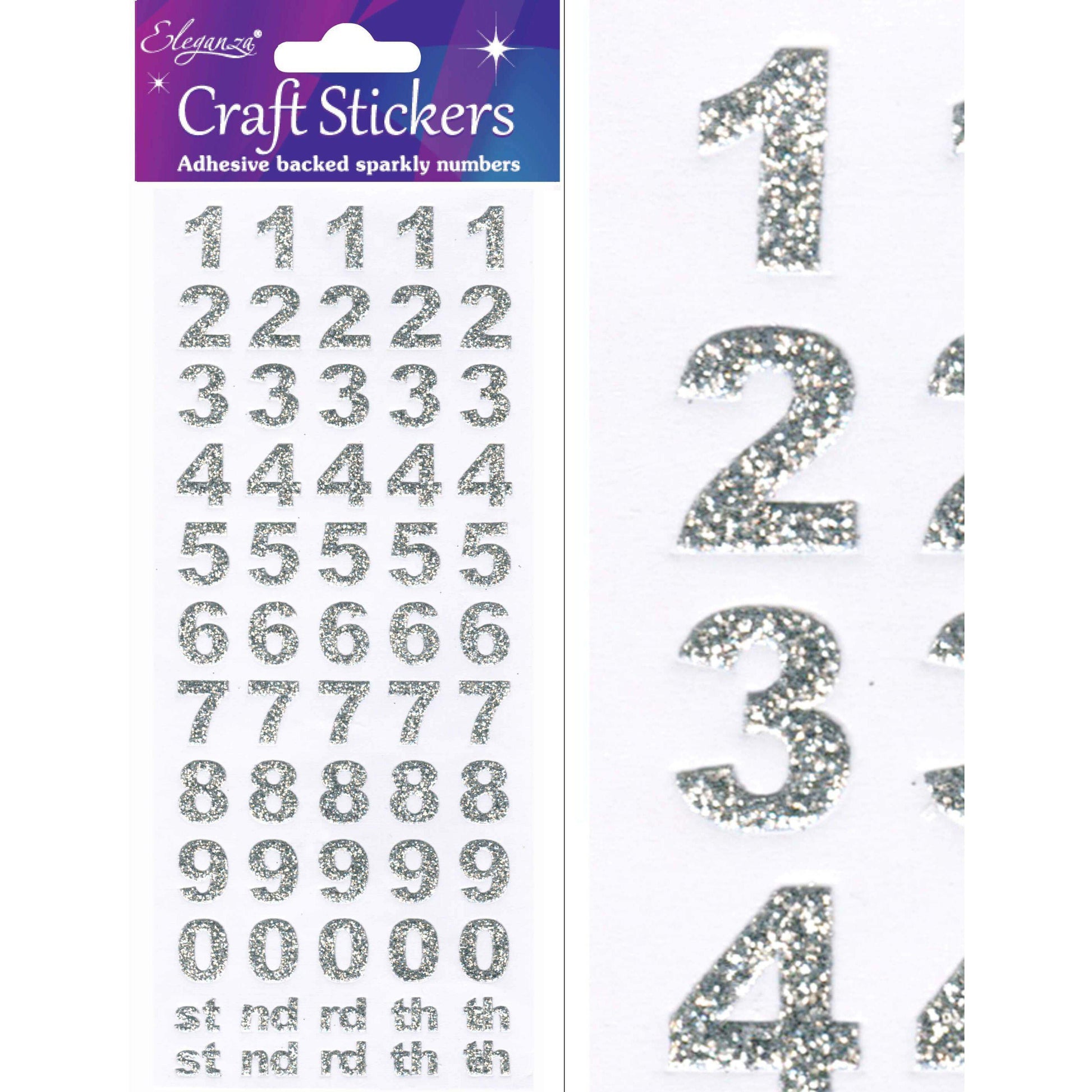 Eleganza Self Adhesive Glitter Number Stickers Embellishments - Silver-The Creative Bride