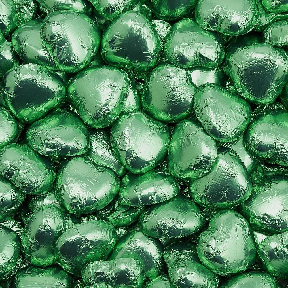 Green foil wrapped heart chocolate with Belgian milk chocolate heart
