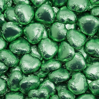 Green foil wrapped heart chocolate with Belgian milk chocolate heart