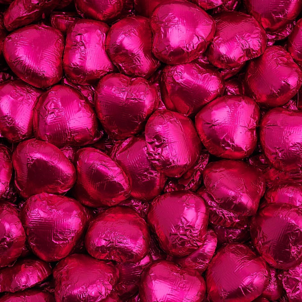Hot pink foil wrapped heart chocolate with Belgian milk chocolate heart